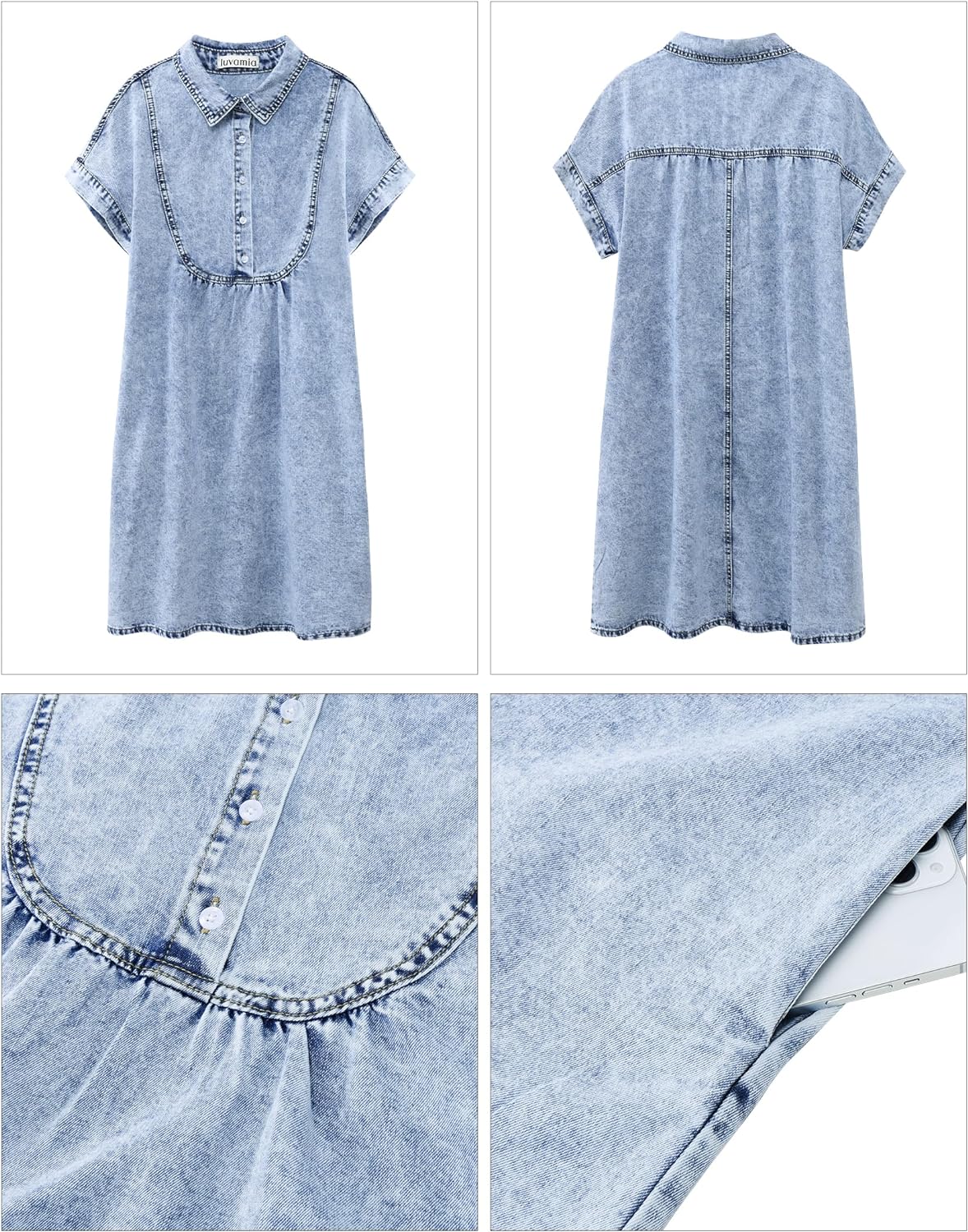 luvamia Denim Dress for Women Summer Short Sleeve Button Down Collared Pleated Western Jean Dresses with Pockets Relaxed