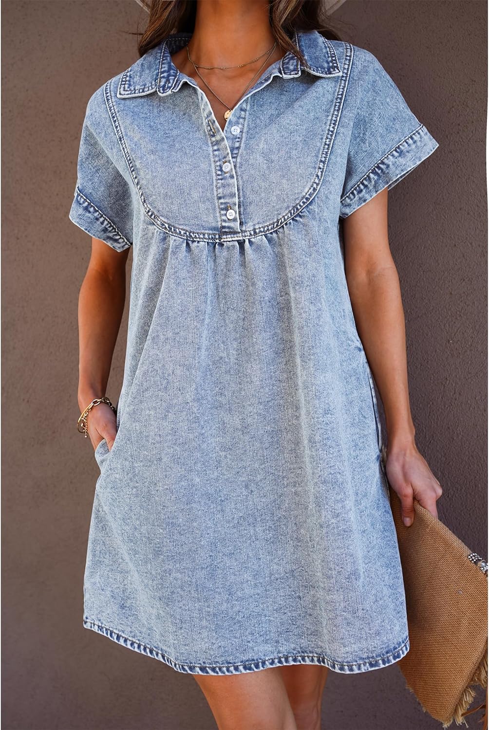 luvamia Denim Dress for Women Summer Short Sleeve Button Down Collared Pleated Western Jean Dresses with Pockets Relaxed