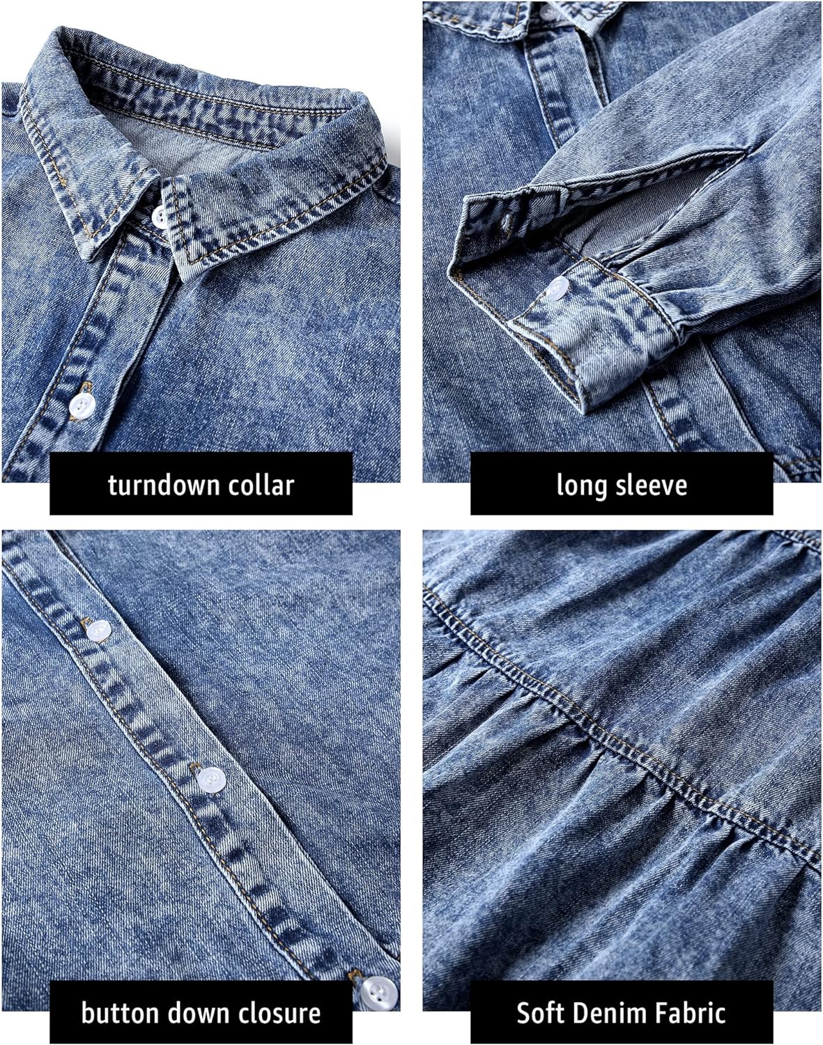 luvamia Denim Dress for Women Babydoll Flowy Cute Jean Shirt Dresses Long Sleeves